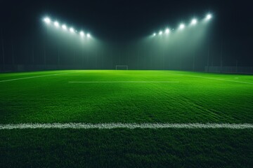 Wall Mural - Night soccer field, illuminated by spotlights, misty atmosphere.