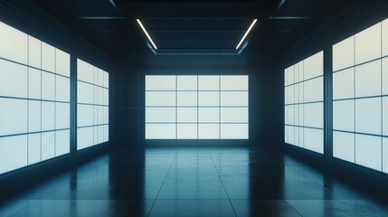 Poster - Modern Exhibition Space with Illuminated white blank Panels in Dark Room. 3D Rendering, HD image