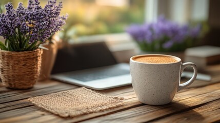 Wall Mural - Coffee cup on wooden desk near laptop and lavender.