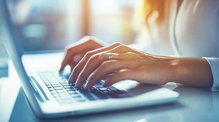 Poster - Woman Working on Laptop in Bright Office Environment