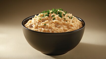 Canvas Print - A clean shot of a hearty bowl of mushroom risotto, garnished with parsley, placed on a neutral background with copy space.