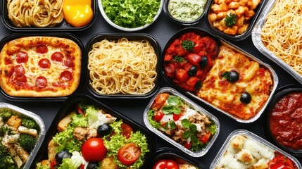 Wall Mural - A flat-lay of a variety of takeout meals, including pizza, pasta, and a fresh salad, neatly packed for delivery.