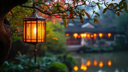 Poster - Beautiful Lantern Hanging from a Tree Branch in Tranquil Setting