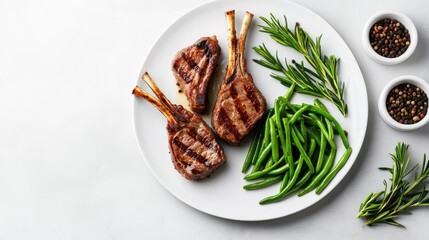 Wall Mural - A plate of grilled lamb chops with a side of sauted green beans, placed on a plain background with space.