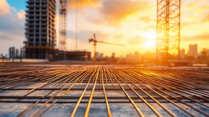 Rebar layout for a high-rise building foundation, detailed view with industrial equipment in the background