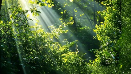 Poster - Serene Landscape of Lush Green Forest Sunlight Rays Filtering Through Trees and Foliage, Creating Peaceful Connection to Nature and Tranquility.