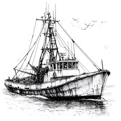 Wall Mural - Ink Drawing of a Fishing Trawler at Sea with Birds Flying Overhead.