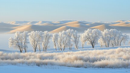 Wall Mural - Frost-covered trees on a snowy, hilly landscape at sunrise.