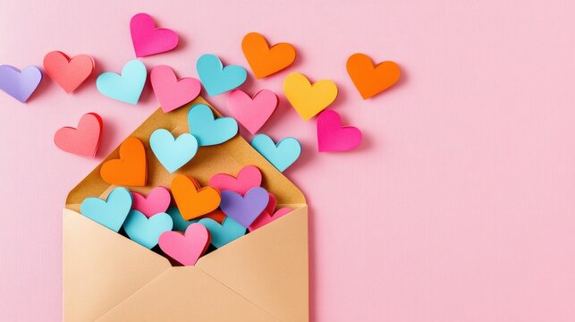 Open envelope with colorful paper hearts spilling out, laid on a pastel pink background, creating a romantic flat lay composition