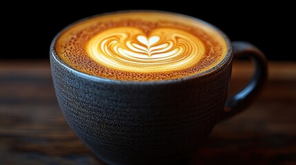 Wall Mural - Close-up of a latte with latte art in a gray mug on a wooden table.