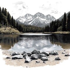 Wall Mural - Serene Mountain Lake Landscape with Rocks in the Foreground A Hand-Drawn Illustration.