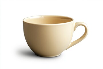 Single empty beige ceramic teacup with a handle on white background.