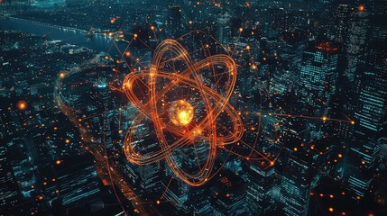 Poster - Futuristic Cityscape with Atomic Design in Orange and Blue Tones