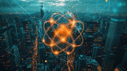 Poster - Futuristic Cityscape with Atom Graphics and Digital Connections