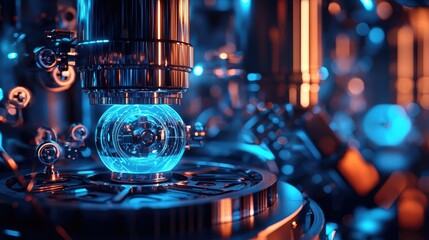 Poster - Futuristic Laboratory Scene with Blue and Orange Lighting and Glass Sphere