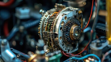 Poster - Close-up of Detailed Mechanical Component with Wires and Gears