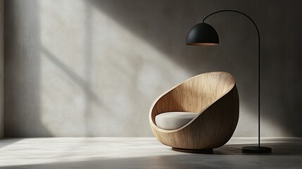 Poster - Modern wooden chair with a lamp in a minimalist setting.