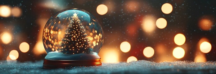 Wall Mural - Snow globe with Christmas tree in snow on blurred lights background. Banner with Christmas or New Year winter scene. 3d render holiday concept. Design for greeting card, invitation with copy space