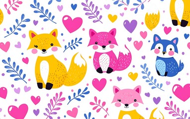 Wall Mural - Cute cartoon foxes with hearts and leaves seamless pattern.