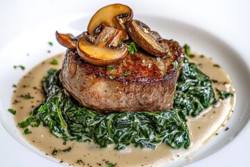 Wall Mural - Plate of meat with mushrooms and spinach on top. The dish is presented in a way that makes it look appetizing and visually appealing