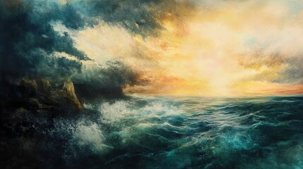 Canvas Print - Dramatic Seascape: Stormy Sunset over Coastal Cliffs