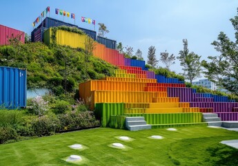 Wall Mural - A hillside made of colorful shipping containers, with stairs leading up to the top and greenery on its sides