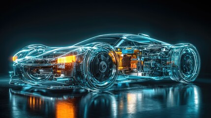 Poster - Futuristic Electric Car with Neon Lights and Transparent Design
