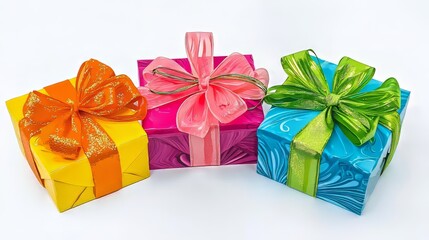 Beautifully wrapped gift boxes with colorful ribbons and bows on a white background perfect for birthdays, Christmas, holidays or weddings.