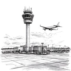 Wall Mural - Ink Sketch of Airport Control Tower with Airplane Landing.