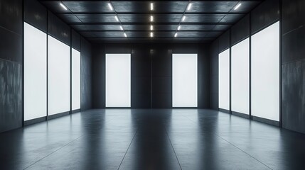 Poster - Modern Exhibition Space with Illuminated white blank Panels in Dark Room. 3D Rendering, HD image