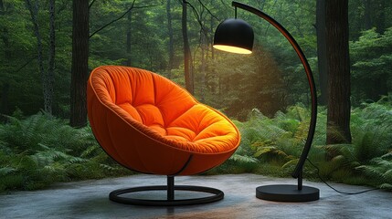 Poster - Cozy orange chair with lamp in a serene forest setting.