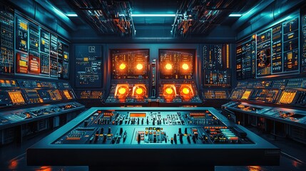 Poster - Futuristic Control Room with Glowing Displays and High-Tech Equipment