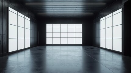 Poster - Modern Exhibition Space with Illuminated white blank Panels in Dark Room. 3D Rendering, HD image