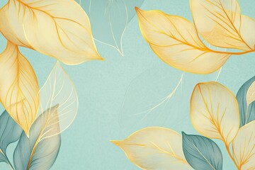 Canvas Print - Elegant gold and teal leaves on a light blue background.