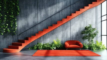 Poster - Modern interior with orange stairs and cozy seating area.