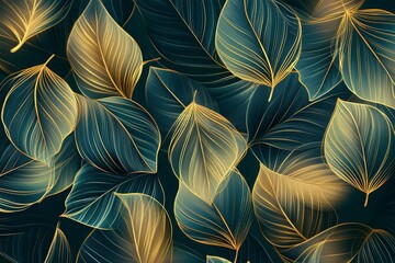 Canvas Print - Teal and gold leaves pattern. (3)