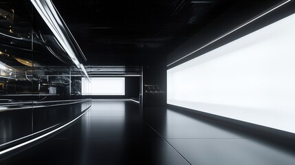 Poster - modern exhibition space with illuminated white blank panels in dark room. 3d rendering, hd image