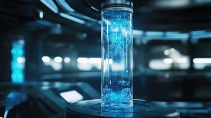 Poster - A futuristic glass container filled with glowing blue liquid, set in a high-tech environment.