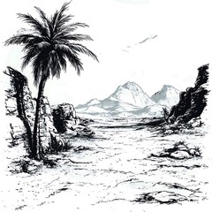 Wall Mural - Monochrome Sketch of a Palm Tree in a Desert Oasis with Mountain Background.