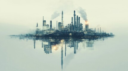 Aufkleber - A futuristic industrial skyline reflected in water, showcasing factories and smokestacks.