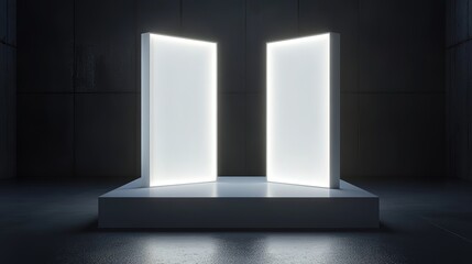 Poster - Modern Exhibition Space with Illuminated white blank Panels in Dark Room. 3D Rendering, HD image