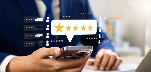 Wall Mural - customer satisfaction poll, users rate service and products online with five-star feedback, improvin