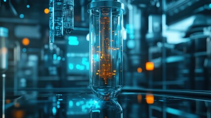 Poster - A futuristic laboratory scene with a glowing vial containing particles.