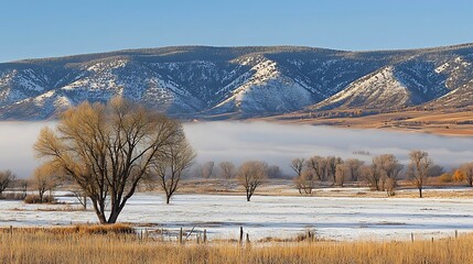 A serene winter landscape with snow-covered fields and mountains under a clear blue sky.