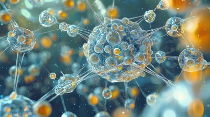 Poster - Intricate Microscopic View of Cells and Bubbles in Blue Background