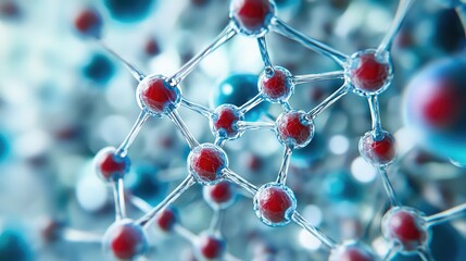 Poster - Abstract Molecular Structure with Blue and Red Atoms in Focus