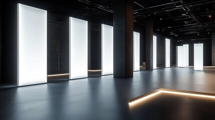 Poster - Modern Exhibition Space with Illuminated white blank Panels in Dark Room. 3D Rendering, HD image