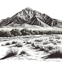 Wall Mural - Black and White Illustration of a Mountain Range with a Path Leading Through Desert Vegetation.