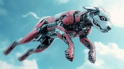 Aufkleber - A futuristic robotic dog flying through a blue sky, showcasing advanced technology.