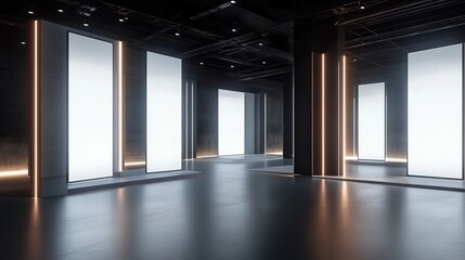 Poster - Modern Exhibition Space with Illuminated white blank Panels in Dark Room. 3D Rendering, HD image